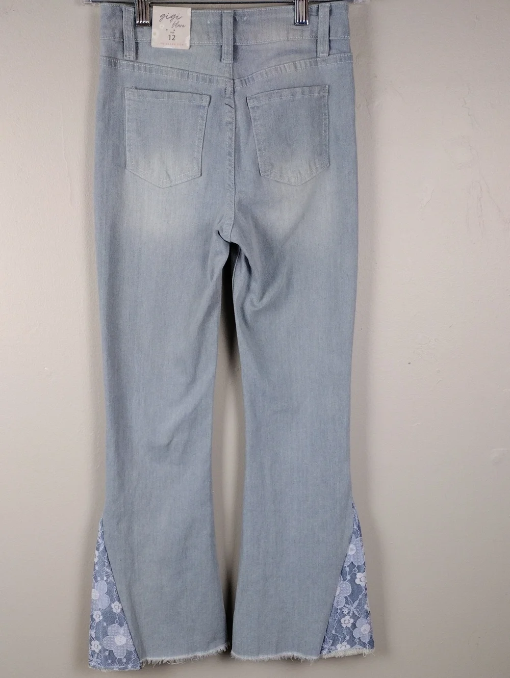 YMI Girl Gigi Flare Blue Light Potassium Wash High Rise Lace Raw Hem Denim Jean